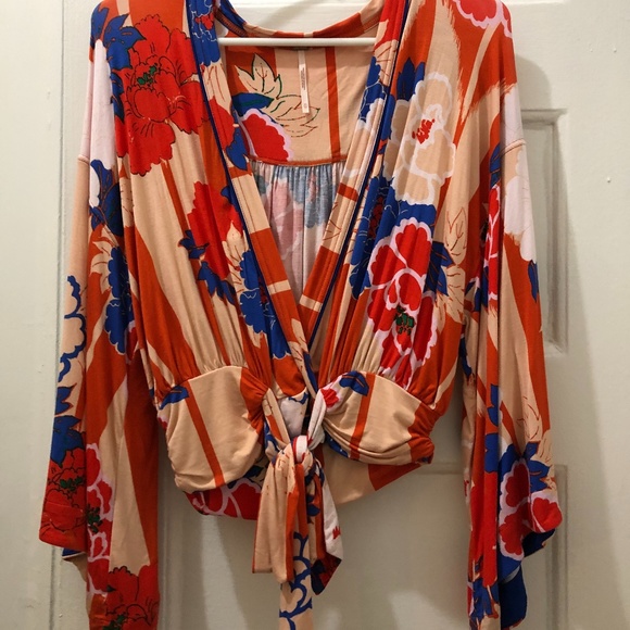 Free People Tops - Free People Orange, Blue Floral Tie Blouse